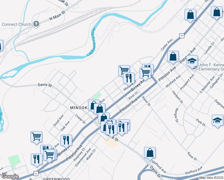 map of restaurants, bars, coffee shops, grocery stores, and more near 2814 Cedar Avenue in Scranton