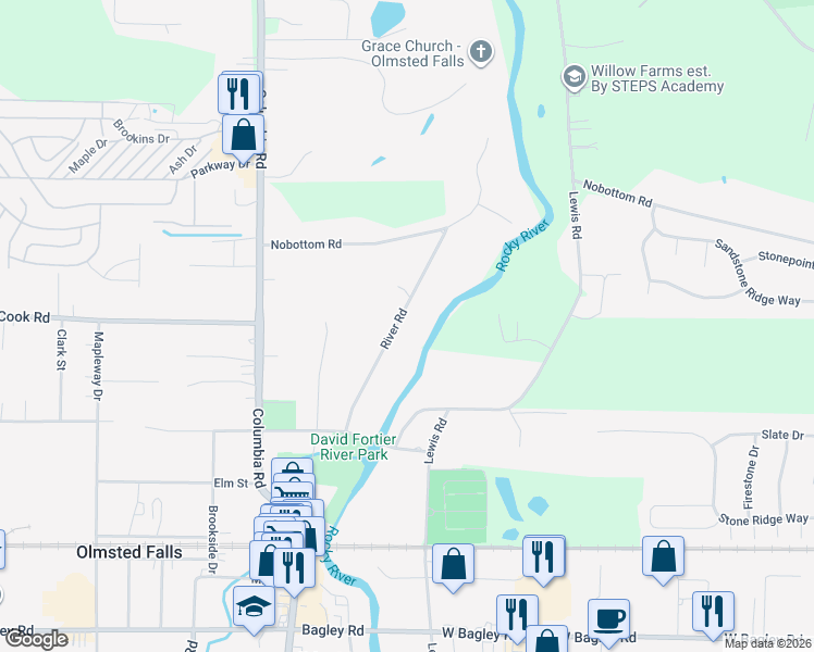 map of restaurants, bars, coffee shops, grocery stores, and more near 7503 River Road in Olmsted Falls