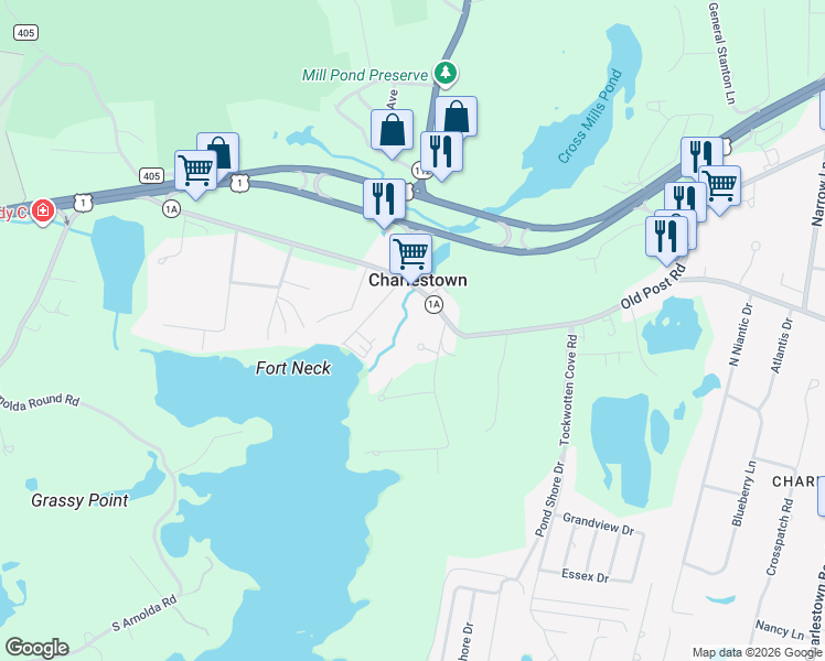 map of restaurants, bars, coffee shops, grocery stores, and more near 4412 Old Post Road in Charlestown