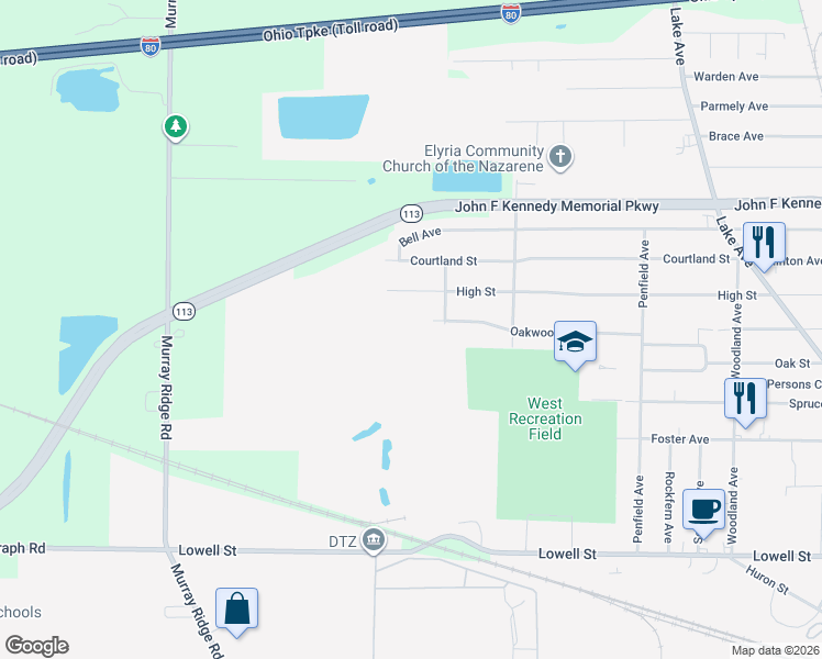 map of restaurants, bars, coffee shops, grocery stores, and more near 1100 Oakwood Drive in Elyria