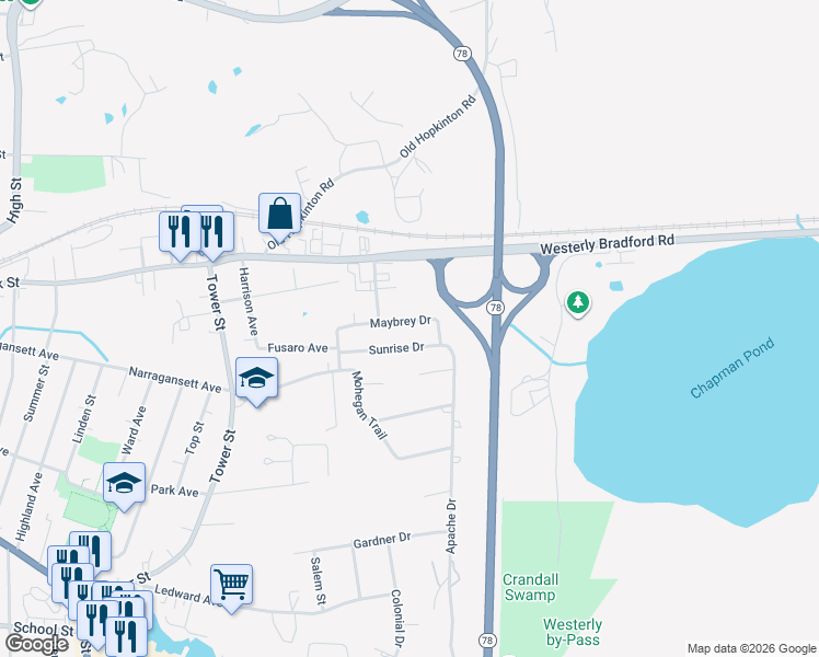 map of restaurants, bars, coffee shops, grocery stores, and more near 15 Maybrey Drive in Westerly