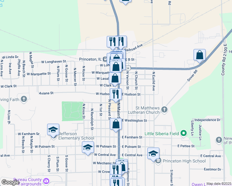 map of restaurants, bars, coffee shops, grocery stores, and more near 713 North Pleasant Street in Princeton