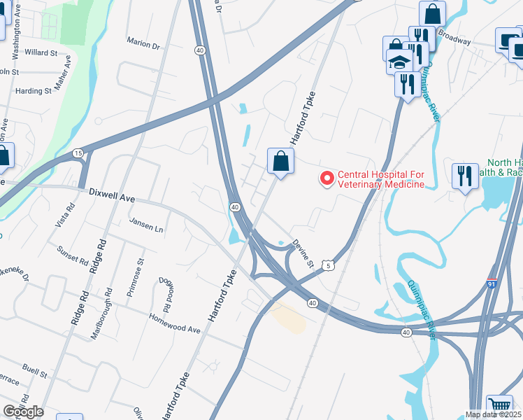 map of restaurants, bars, coffee shops, grocery stores, and more near Hartford Turnpike & Devine Street in North Haven