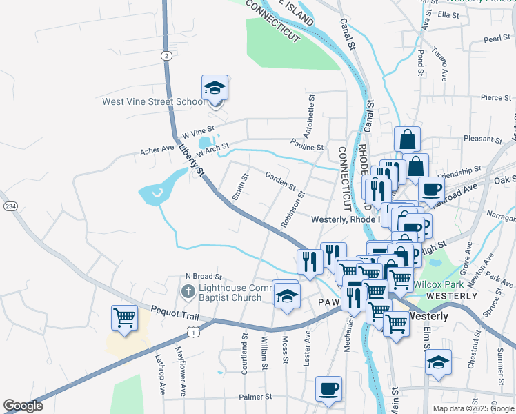 map of restaurants, bars, coffee shops, grocery stores, and more near 8 Wells Avenue in Stonington