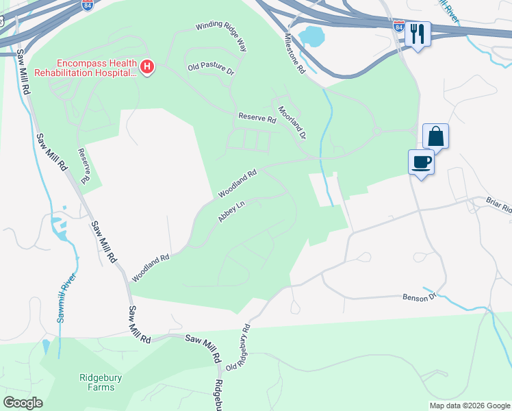 map of restaurants, bars, coffee shops, grocery stores, and more near 22 Abbey Lane in Danbury