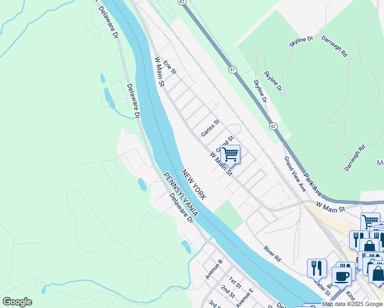 map of restaurants, bars, coffee shops, grocery stores, and more near 216 West Main Street in Port Jervis