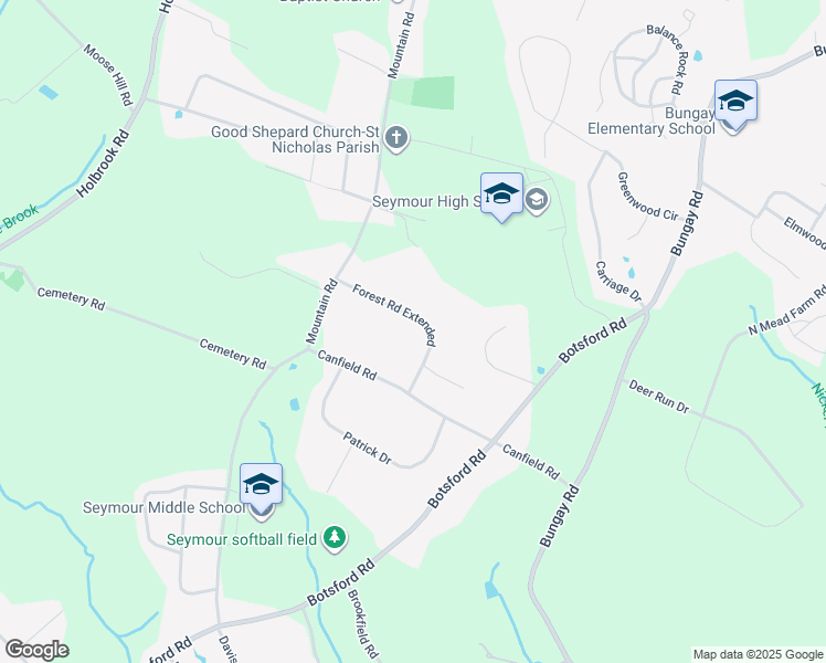 map of restaurants, bars, coffee shops, grocery stores, and more near 9 Forest Street in Seymour
