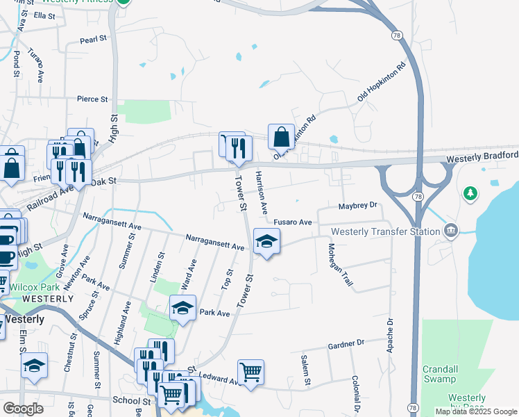 map of restaurants, bars, coffee shops, grocery stores, and more near 13 Harrison Avenue in Westerly