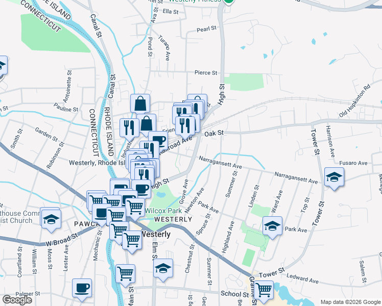 map of restaurants, bars, coffee shops, grocery stores, and more near 116 High Street in Westerly