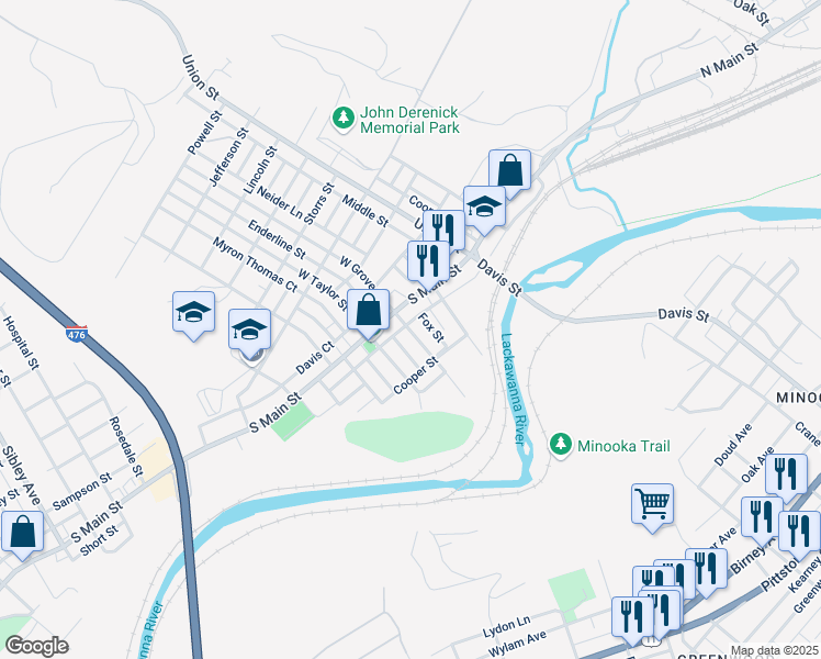 map of restaurants, bars, coffee shops, grocery stores, and more near 114-124 Fox Street in Taylor