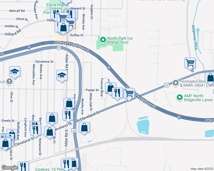 map of restaurants, bars, coffee shops, grocery stores, and more near 335 Brittany Lane in Elyria