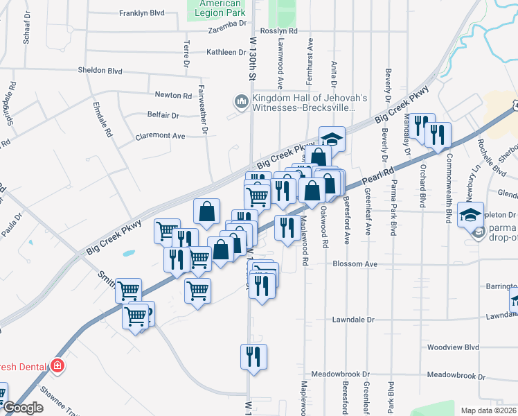 map of restaurants, bars, coffee shops, grocery stores, and more near 6699 West 130th Street in Parma Heights