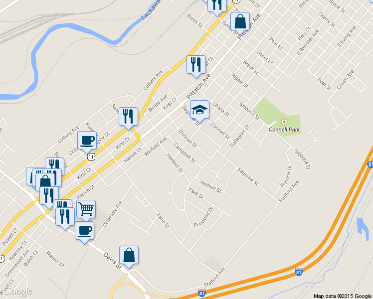 map of restaurants, bars, coffee shops, grocery stores, and more near 2415 Prospect Avenue in Scranton