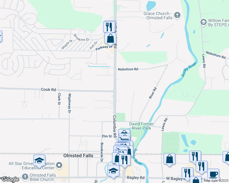 map of restaurants, bars, coffee shops, grocery stores, and more near 23780 Cook Road in Olmsted Falls