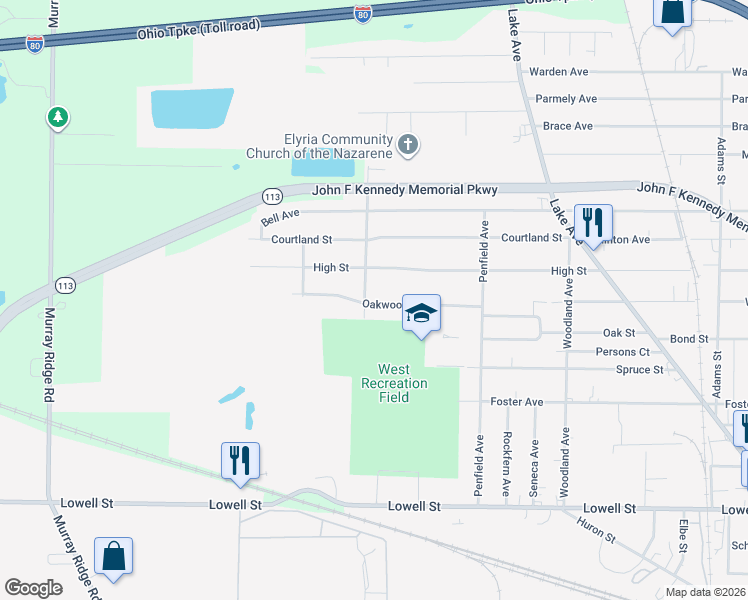 map of restaurants, bars, coffee shops, grocery stores, and more near 985 Oakwood Drive in Elyria