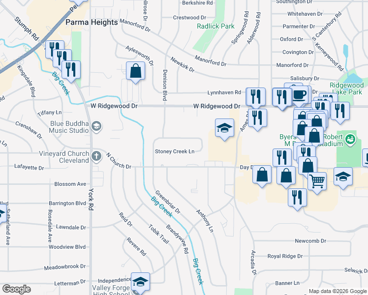 map of restaurants, bars, coffee shops, grocery stores, and more near 9474 Stoney Creek Lane in Parma Heights