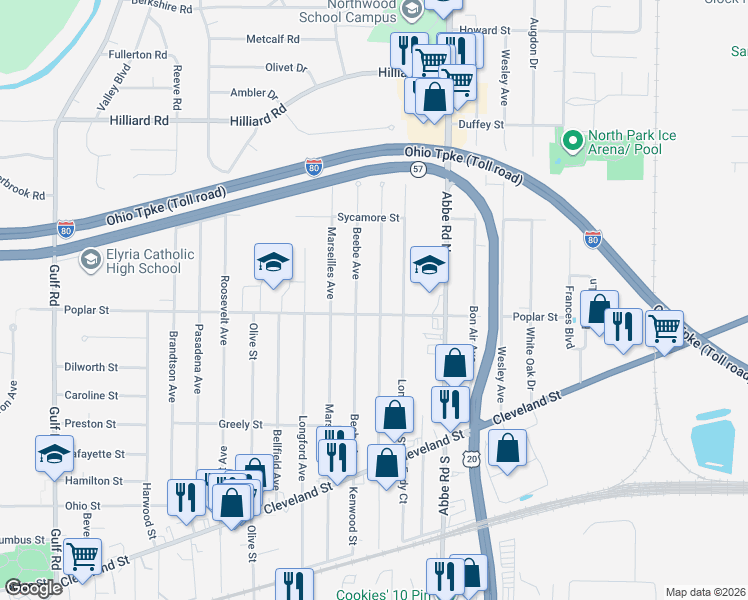 map of restaurants, bars, coffee shops, grocery stores, and more near 315 Hawthorne Street in Elyria
