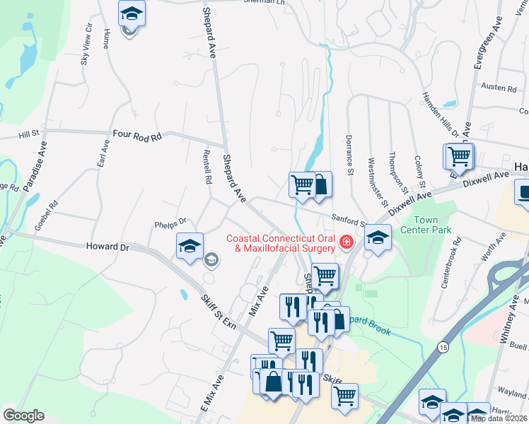 map of restaurants, bars, coffee shops, grocery stores, and more near 219 Shepard Avenue in Hamden