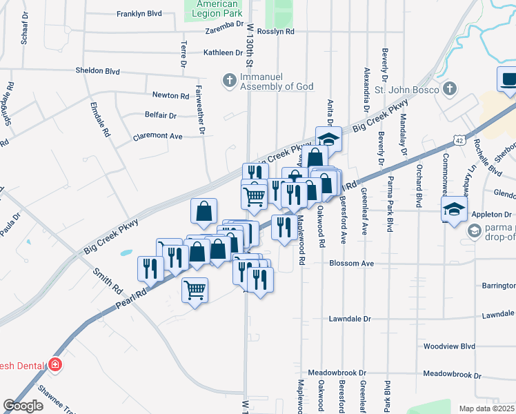 map of restaurants, bars, coffee shops, grocery stores, and more near 6699 West 130th Street in Parma Heights