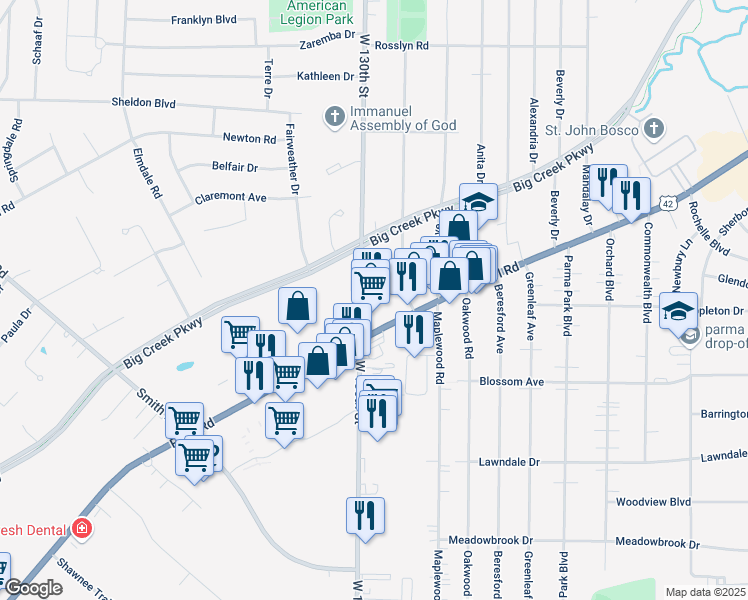 map of restaurants, bars, coffee shops, grocery stores, and more near 6699 West 130th Street in Parma Heights