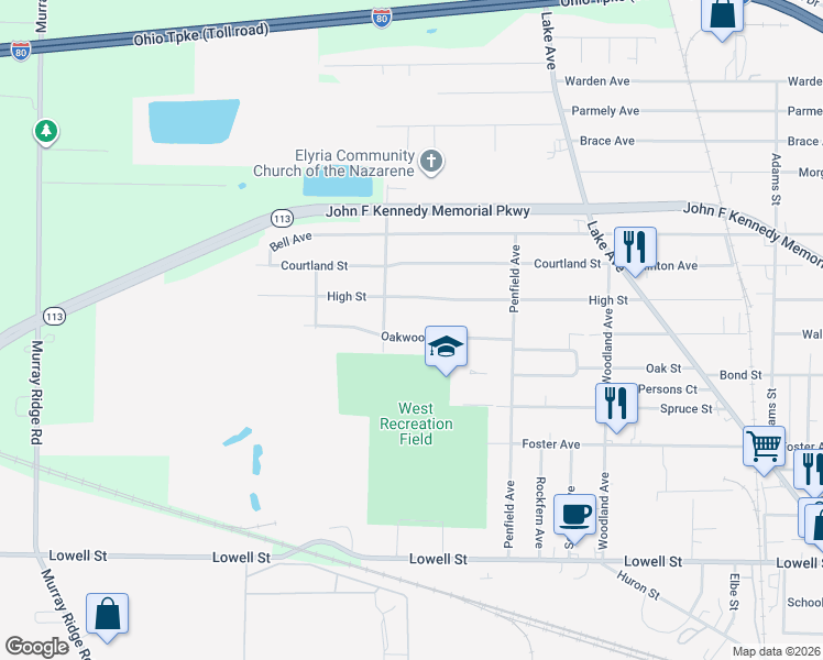 map of restaurants, bars, coffee shops, grocery stores, and more near 985 Oakwood Drive in Elyria