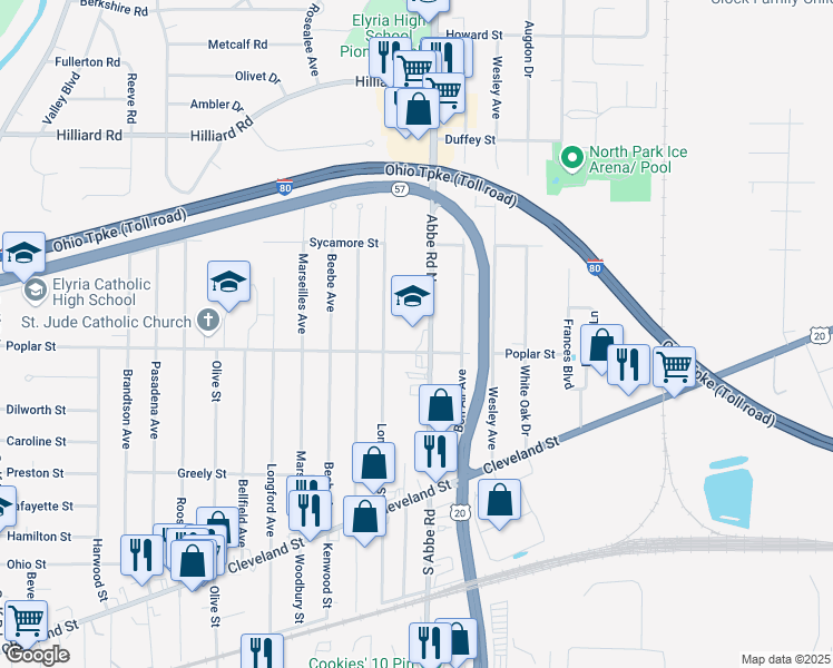 map of restaurants, bars, coffee shops, grocery stores, and more near 300 Abbe Road North in Elyria