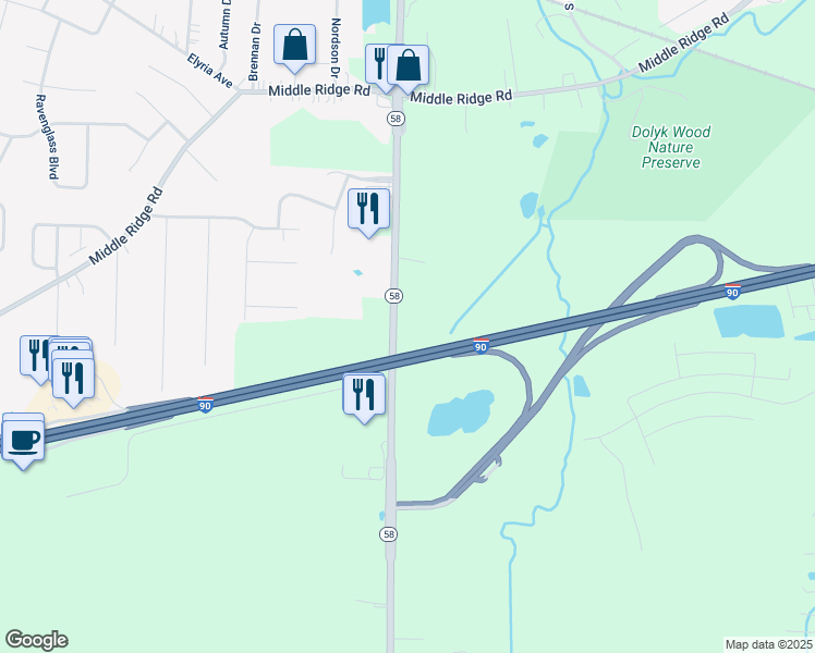 map of restaurants, bars, coffee shops, grocery stores, and more near 7805 Leavitt Road in Amherst