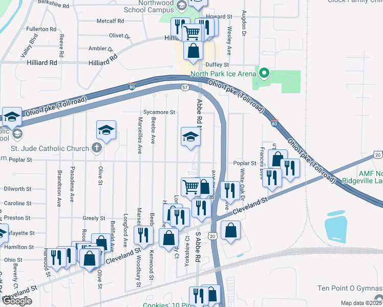 map of restaurants, bars, coffee shops, grocery stores, and more near 300 Abbe Road North in Elyria