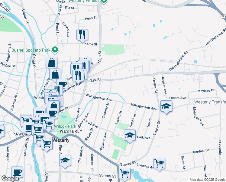 map of restaurants, bars, coffee shops, grocery stores, and more near 14 Haswell Street in Westerly