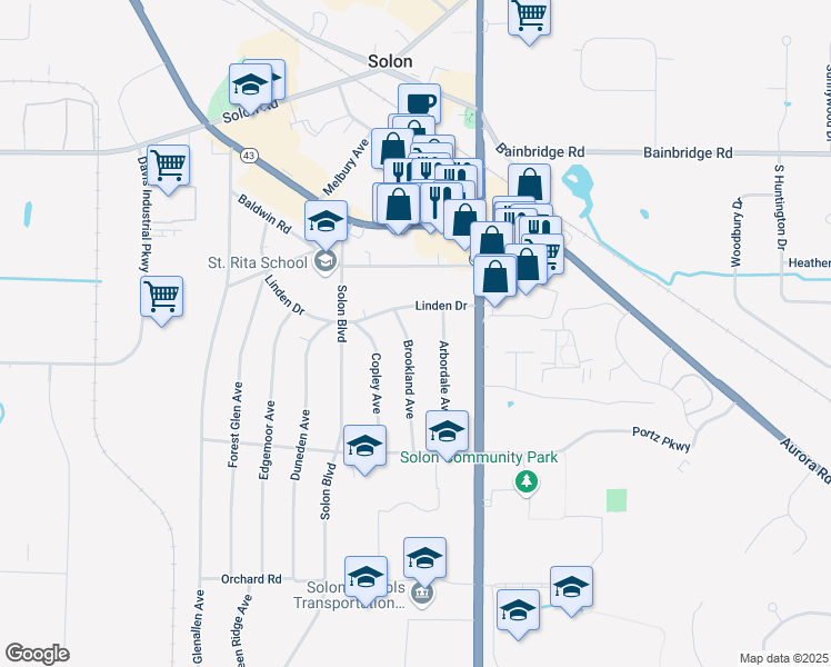 map of restaurants, bars, coffee shops, grocery stores, and more near 6521 Brookland Avenue in Solon