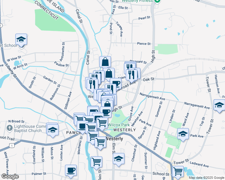 map of restaurants, bars, coffee shops, grocery stores, and more near 10 Railroad Avenue in Westerly