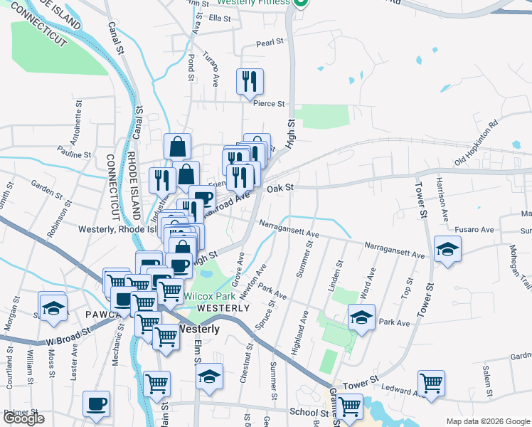 map of restaurants, bars, coffee shops, grocery stores, and more near 5 Jay Street in Westerly