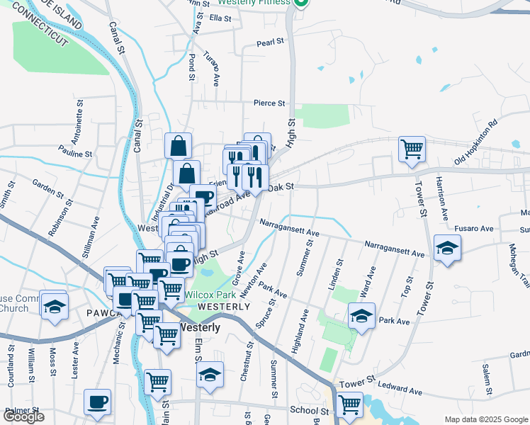map of restaurants, bars, coffee shops, grocery stores, and more near 5 Jay Street in Westerly