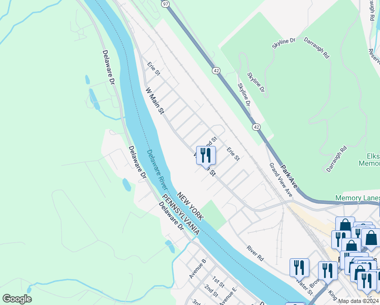 map of restaurants, bars, coffee shops, grocery stores, and more near 216 West Main Street in Port Jervis