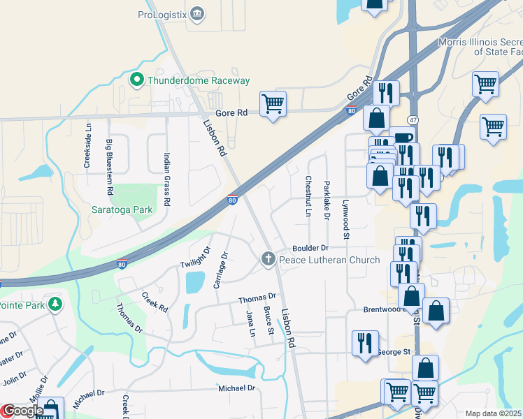 map of restaurants, bars, coffee shops, grocery stores, and more near 510 Meadowbrook Lane in Morris