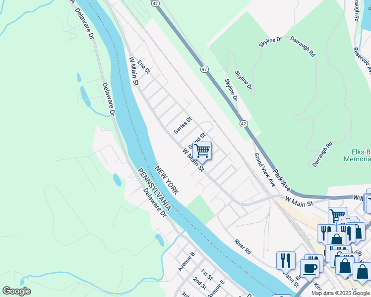 map of restaurants, bars, coffee shops, grocery stores, and more near 203 West Main Street in Port Jervis