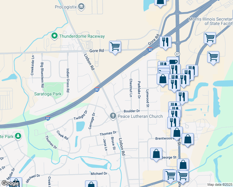 map of restaurants, bars, coffee shops, grocery stores, and more near 510 Meadowbrook Lane in Morris
