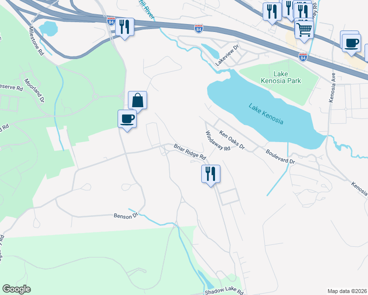 map of restaurants, bars, coffee shops, grocery stores, and more near 48 Briar Ridge Road in Danbury