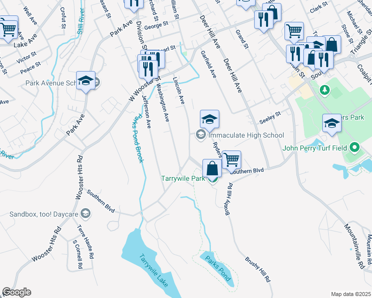 map of restaurants, bars, coffee shops, grocery stores, and more near 13 1/2 Washington Avenue in Danbury