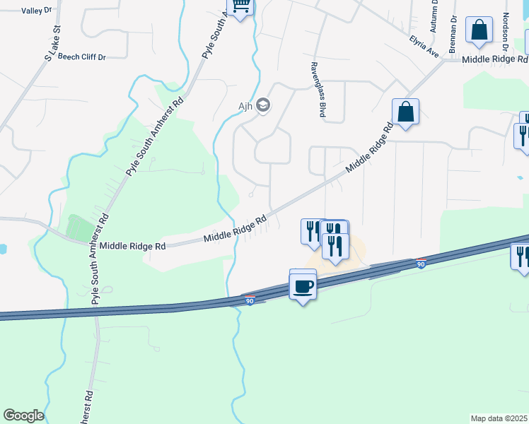 map of restaurants, bars, coffee shops, grocery stores, and more near 46900 Middle Ridge Road in Amherst