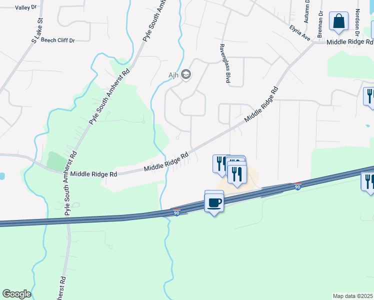 map of restaurants, bars, coffee shops, grocery stores, and more near 46900 Middle Ridge Road in Amherst