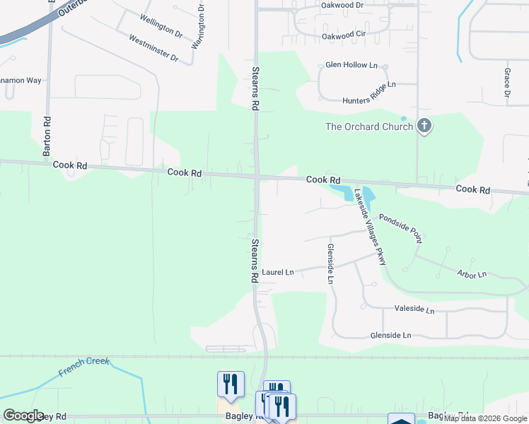 map of restaurants, bars, coffee shops, grocery stores, and more near 7429 Stearns Road in Cuyahoga County