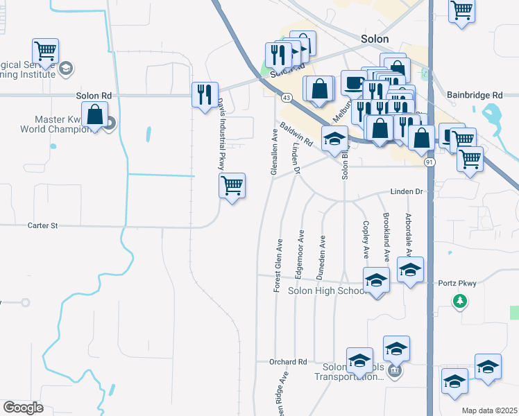map of restaurants, bars, coffee shops, grocery stores, and more near 6516 Glenallen Avenue in Solon
