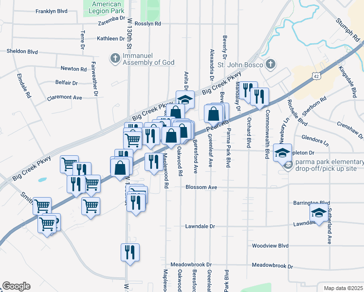 map of restaurants, bars, coffee shops, grocery stores, and more near 6647 Oakwood Road in Parma Heights