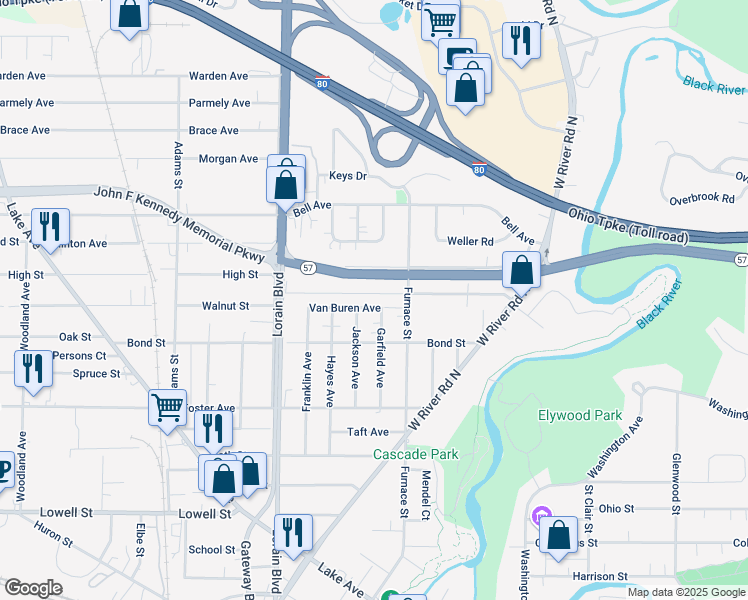 map of restaurants, bars, coffee shops, grocery stores, and more near 328 Louisiana Avenue in Elyria