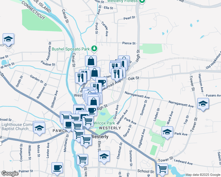 map of restaurants, bars, coffee shops, grocery stores, and more near 8 Dixon Street in Westerly
