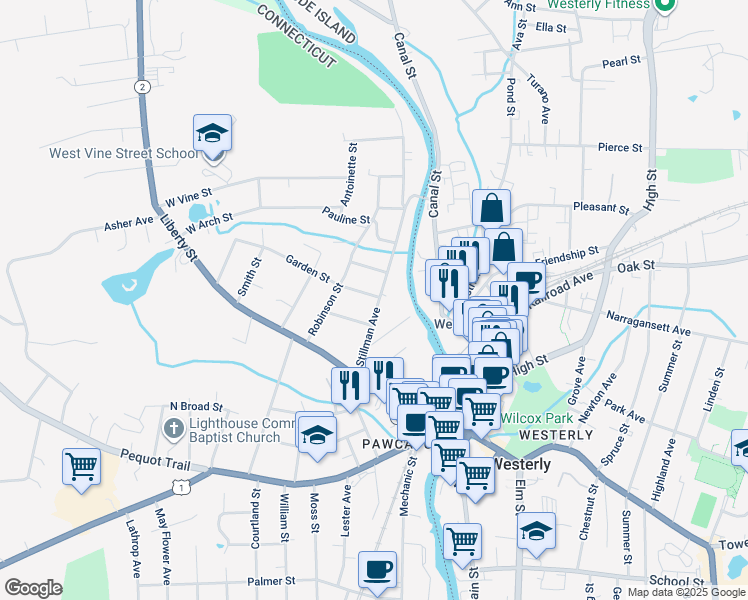 map of restaurants, bars, coffee shops, grocery stores, and more near 32 Stillman Avenue in Stonington