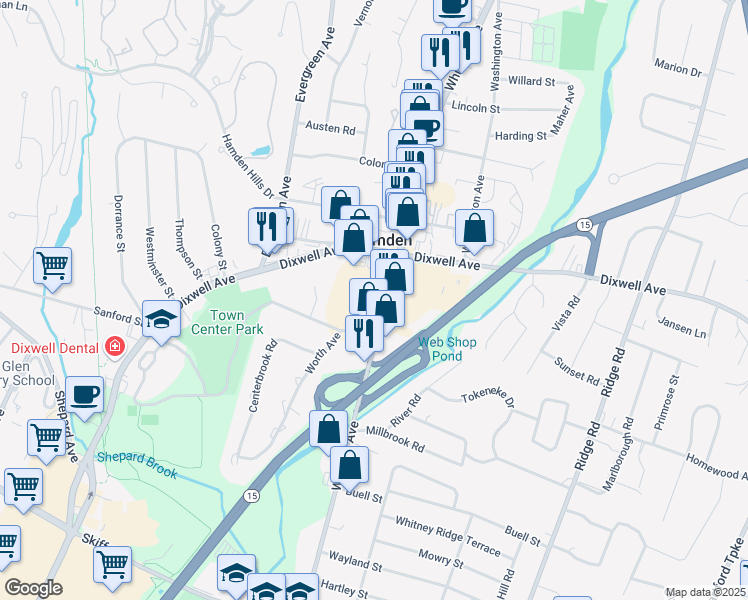 map of restaurants, bars, coffee shops, grocery stores, and more near 2320 Whitney Avenue in Hamden