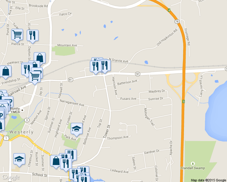 map of restaurants, bars, coffee shops, grocery stores, and more near 13 Harrison Avenue in Westerly