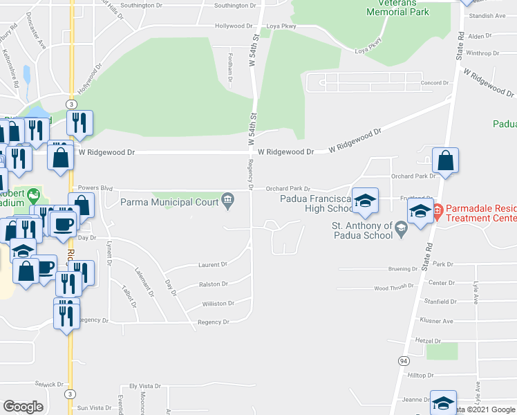 map of restaurants, bars, coffee shops, grocery stores, and more near 5255 Regency Dr in Parma